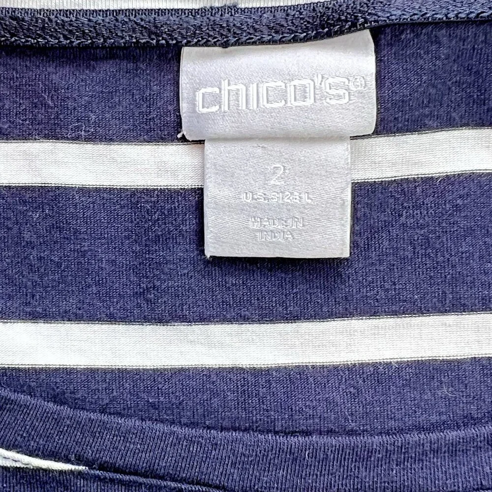 Chico's - Women's L Blouse Navy Blue White Striped Bell Cuffed Boat Neck
